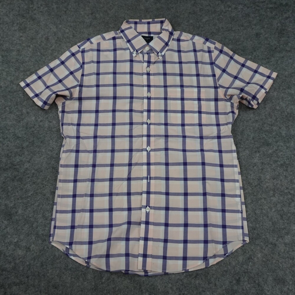J Crew Button Up Shirt Mens Small Pink Short Sleeve Regular Fit Cotton Check